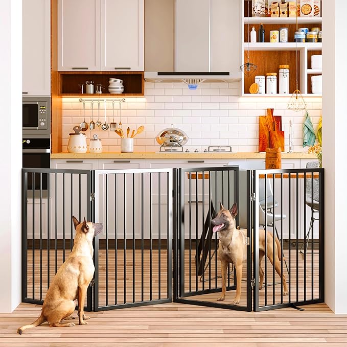 Vantas Folding No-Assembly Metal Pet Gate 80" Wide, 32" Extra Tall Dog Gate with Door Walk Through, Freestanding Accordion Puppy Gate Dog Door for Indoor & Outdoor, with 2PCS Support - Black