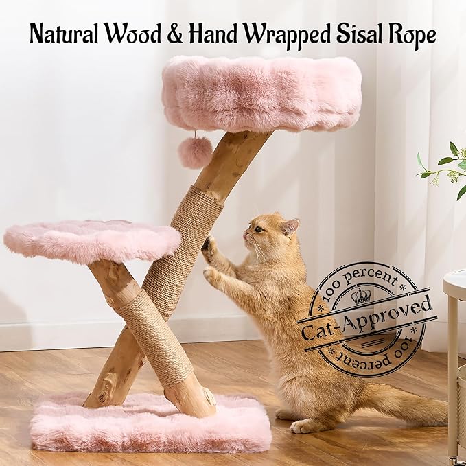 Natural Wood Cat Tree for Indoor Cats Adults, 33in Modern Cat Tree Tower with Super Soft Plush Cat Bed & Perch, Sisal Scratching Posts and Hanging Plush Ball, Sakura Pink