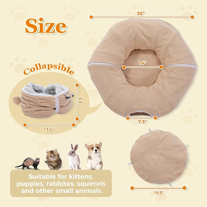 PEQULTI Cat Donut Tunnel with Bed for Indoor Cats, Cat Play Tunnel with Washable Soft Plush Mat, Round Tube Toys Cute Tube for Kittens, Puppies, Rabbits and Ferrets, Beige