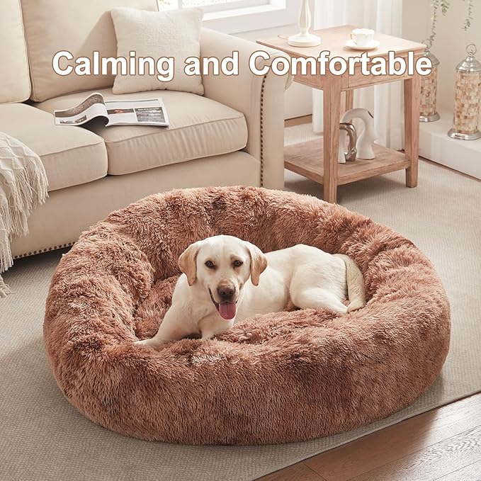 45 inches Donut Dog Bed for Extra Large Dogs,Calming Fluffy Round Jumbo Pet Bed with Removable & Washable Cover, Fits up to 120 lbs Pets (Tie-dye Brown,XL)