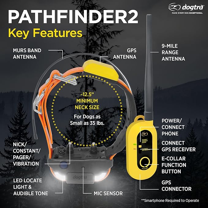 Dogtra Pathfinder 2 GPS Tracker e Collar + Titanium Contact Points 1" | 9 Mile, LED Light, No Monthly Fees, Waterproof, Smartwatch Control, Satellite Tracking, Multiple Dogs, Smartphone Required