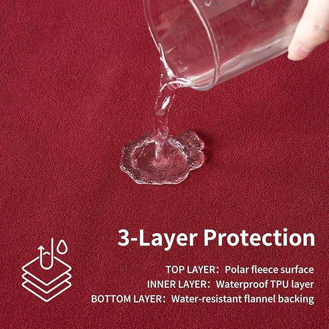 QiyI Waterproof Blanket for Bed Queen Size, Reversible Washable Pet-Friendly Flannel Throw Blanket, Leakproof Stain-Resistant Furniture Protector for Travel & Camping, 60"x80", Burgundy/Pink