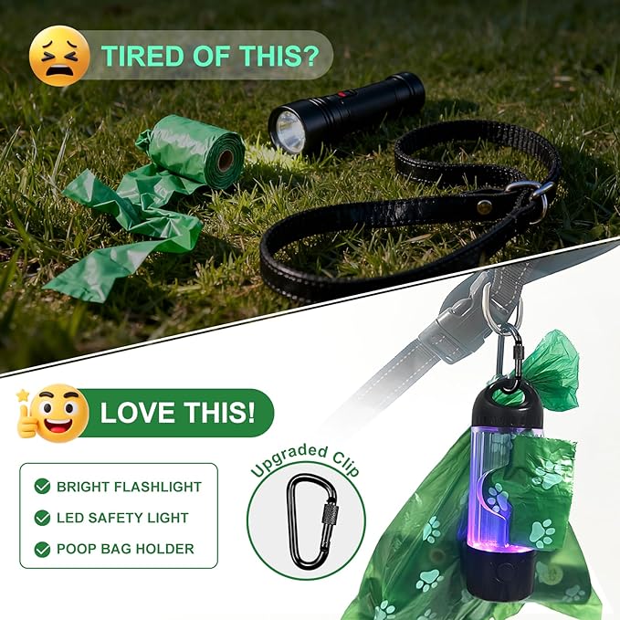 Tubasion 3-in-1 Dog Poop Bag Holder with Flashlight 7-Color, USB-C Rechargeable doggie bag holder for leash, IPX6 Waterproof Anti-Slip Clip Pet Waste Bag Dispenser for Walking (2 Dispensers, 60 Bags)