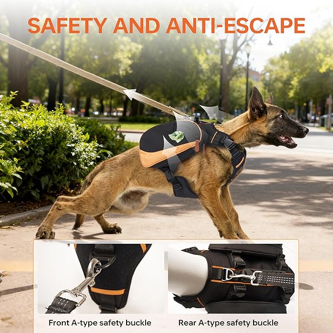 Dog Backpack for Medium & Large Dogs, Detachable Side Bags, Quick-Poop Bag Dispenser | No-Pull Adjustable Harness for Large-Chested Breeds | Non-Slip Handle for Hiking, Walking, Outdoor Adventures（L）