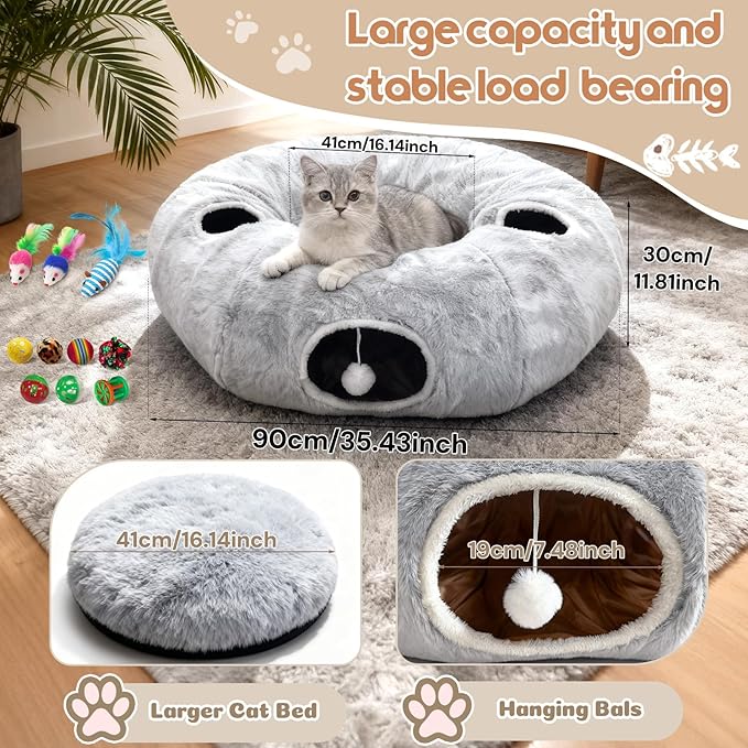 4-Holes Cat Tunnel Bed for Indoor Cats, Plush Donut Play Tunnel with Removable Cushion, Cats Hideout Play Bed with 11 Cat Toys, Cozy Round Cat Cave for Multiple Cats, Kitten/Puppy/Rabbit(Grey)