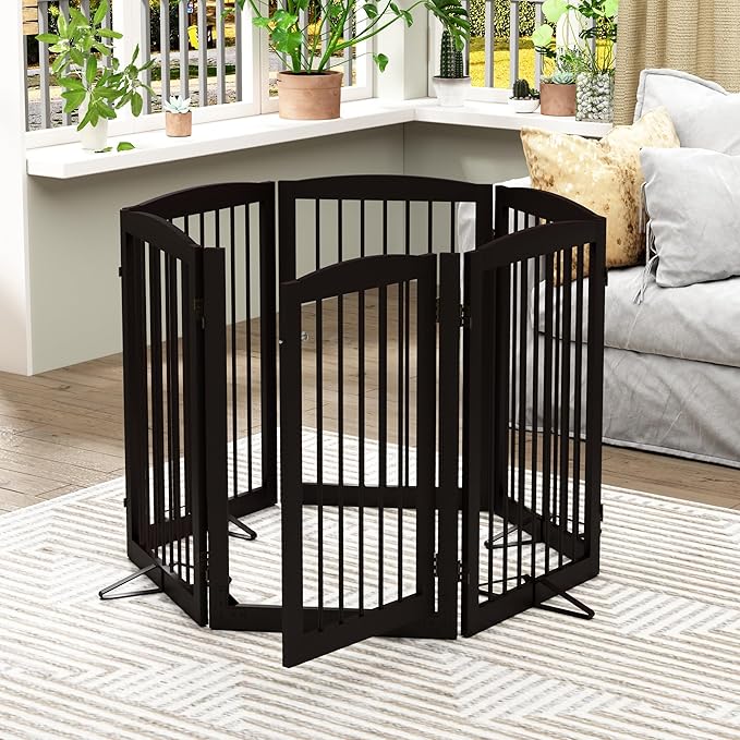 Freestanding Pet Gate with Door, Tall Dog Gate for House, Extra Wide, Pet Puppy Safety Fence, Support Feet Included, 120 Inch Wide, 6 Panels 32" Tall, Brown