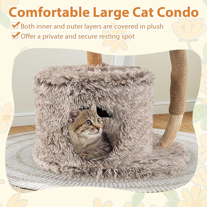 Tangkula Solid Wood Cat Tree, Multi-Level Cat Tower with Well-Woven Cattail Basket, Luxury Condo, Scratching Posts, Dangling Ball, Soft Long Plush Fabric, Modern Boho Cat Tree for Indoor Kittens