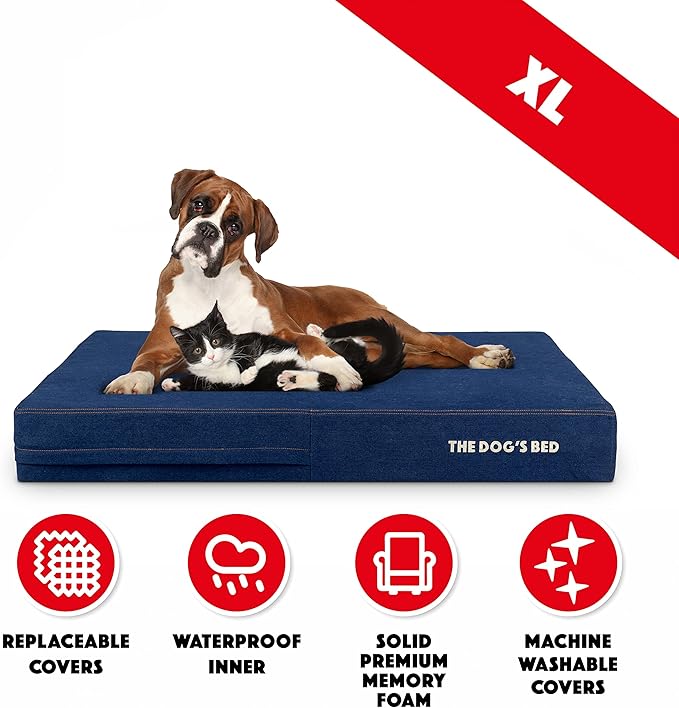 The Dog’s Bed Orthopedic Memory Foam Dog Bed, XL Blue Denim, Pain Relief for Arthritis, Hip & Elbow Dysplasia, Post Surgery, Lameness Supportive, Calming, Waterproof Washable Cover Veterinary Approved