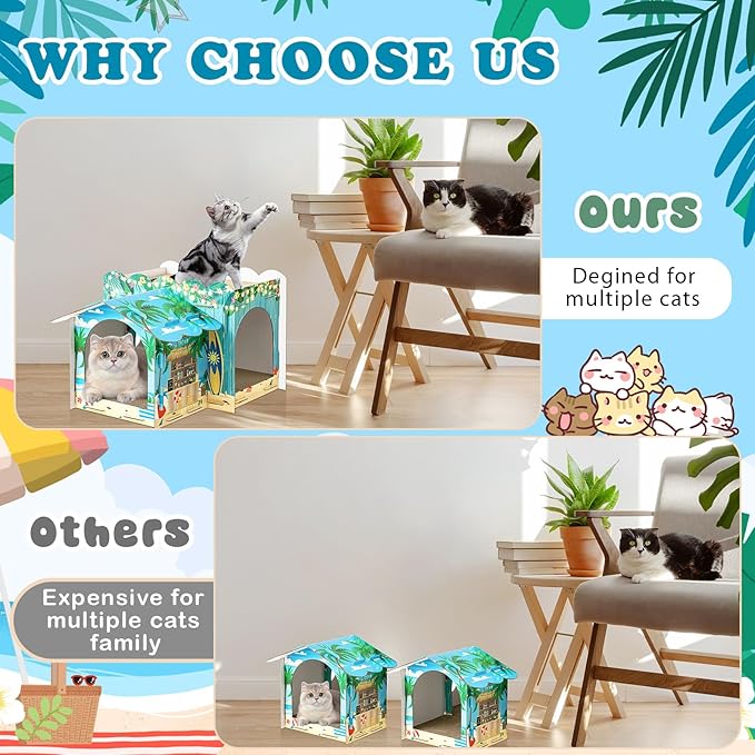 2 Story Cardboard Cat House with Scratcher Pad for Small Kitten,17x12x10 Multi Level Durable Cat Condo & Villa for Bunny Rabbit Small Animals Christmas Birthday Gift(Hawaii)