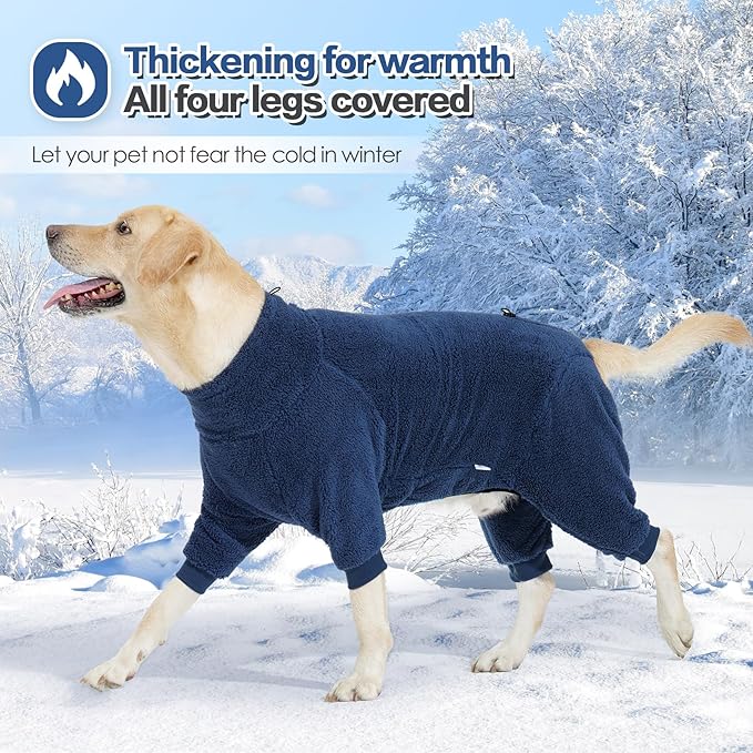 Dog Winter Coat, Warm Fleece Dog Jacket, Windproof Pullover Jumpsuit, Full Body Pajamas Onesie, Cold Weather Clothes for Medium Large Dog(XL,NavyBlue)