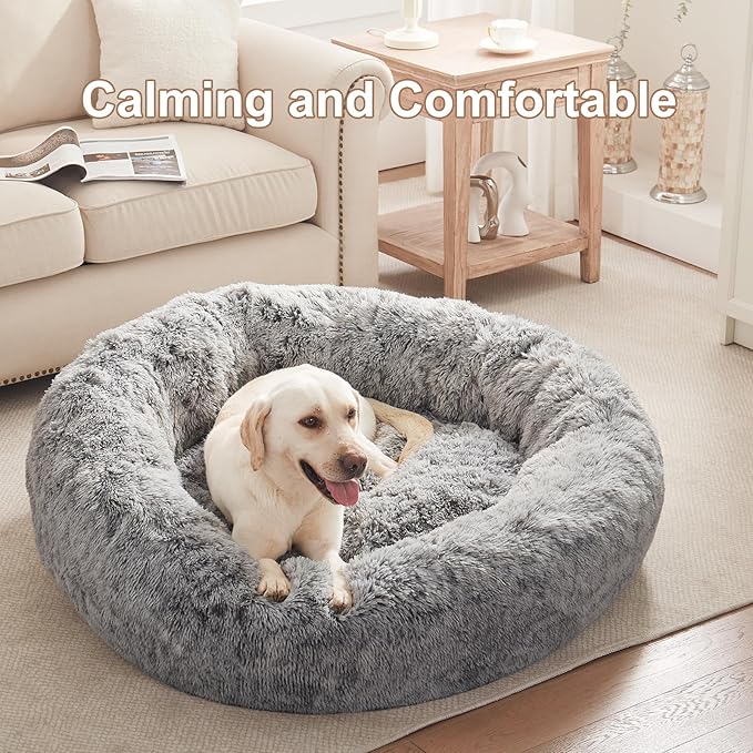 45 inches Donut Dog Bed for Extra Large Dogs,Calming Fluffy Round Jumbo Pet Bed with Removable & Washable Cover, Fits up to 120 lbs Pets (Dark Grey,XL)