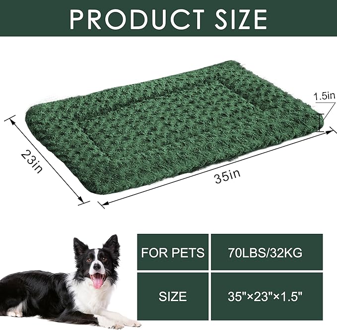 Washable Dog Bed Plush Orthopedic Outdoor Crate Mat with Non-Slip Bottom,Luxe Soft Kennel Pad for Pets,Cozy Cage Cushion & Pet Sleeping Mattress Large Sized,Medium,Small Dogs,36 x 24 inch,Green