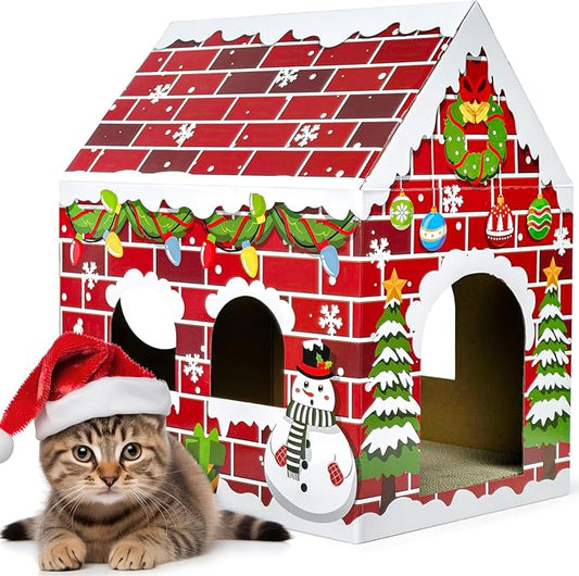 Cinrobiye Christmas Cardboard Cat House with Scratcher Pet Gingerbread Board Bed Cave Playhouse Hideaway Hideout Condo Decor Small Animals Scratch Box for Indoor Cats Kittens Rabbits Bunny (Red, 1)