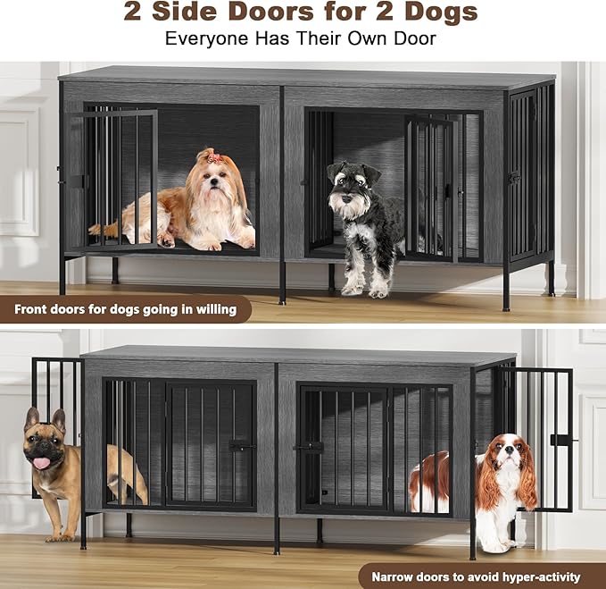EasyCom Dog Crate Furniture for 1 or 2 Dogs, Heavy Duty Single/Double Dog Crates for Small/Medium/Large Dogs, Dog Kennel Furniture Indoor as TV Stand, Small Size 55.12" L(0-20 Pounds), Oak Grey