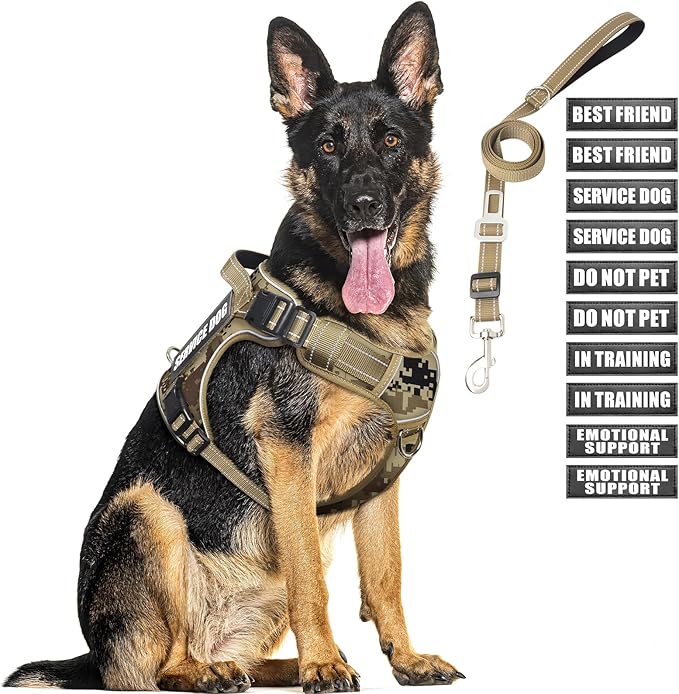 Tactical Dog Harness and Leash Set for Large Dogs,Heavy Duty No Pull Service Dog Vest and 10 Patches with Dog Seat Belt,Reflective Adjustable Pet Harness for Training Walking Hiking Camo XL