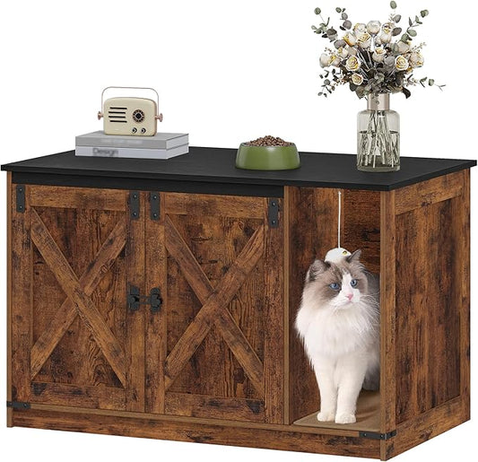 Cat Litter Box Enclosure, Hidden Litter Box Cabinet Furniture with Bell, Indoor Cats House, Farmhouse Style, 39.4 x 21.7X 24.8 Inches for Hallway, Bedroom, Rustic and Black CB85201X
