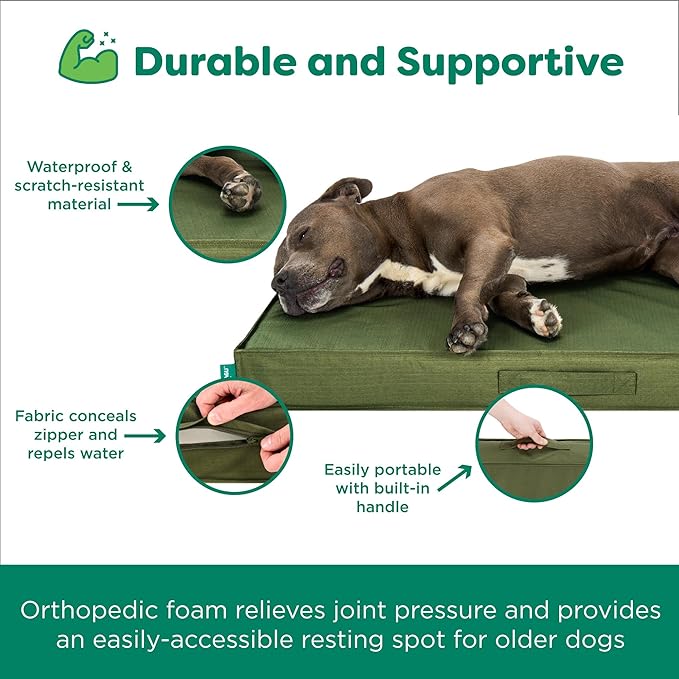 FurHaven Cooling Dog Bed – Large Foam Mattress for Joint Pain Relief, Waterproof Liner, Removable Washable Cover, Durable for Outdoor Use, Deluxe Grid Indoor/Outdoor Bed – Green, Large