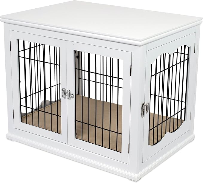 BIRDROCK HOME Decorative Dog Kennel with Pet Bed - Small Indoor Pet Crate, Double Door Design, Engineered Wood & Metal Wire, Furniture-Style House for Small Dogs, Side Table or Nightstand, White