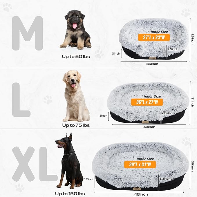 Fluffy Orthopedic Dog Bed for Extra Large & Jumbo Dogs, Calming Plush Sofa Bed with Curved Bolster Support, 48" Cozy Oval Pet Donut Bed with Washable Cover, Gray