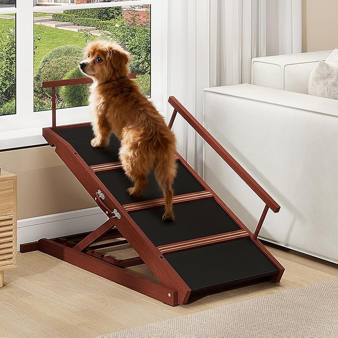 Walnut Wooden Dog Ramp for Bed Folding Pet Ramp for Dogs,Including Non Slip Mat & Safety Side Rails Adjustable Dog Bed ramp from to Up to 132 lbs