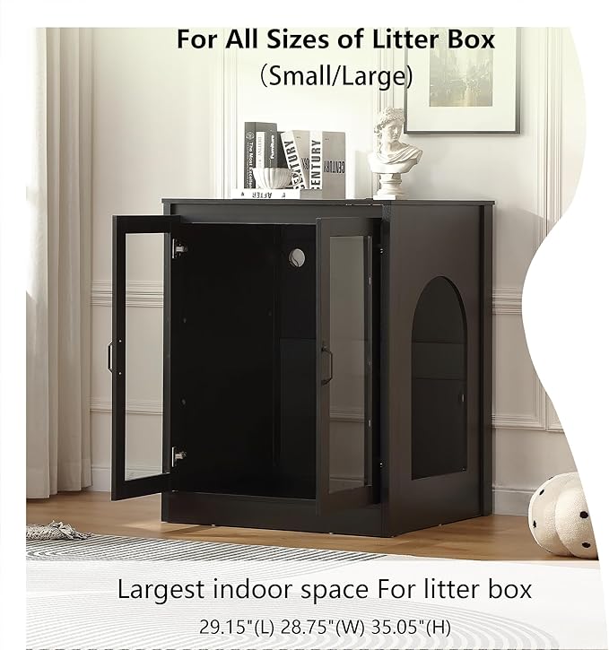 Cat Litter Enclosure with Cat-Observant Glass Doors,Litter Box Cabinet with Cozy LED for Cats,Reversible and Optional Entry(Left or Right),Power Outlet for More Choice,Black
