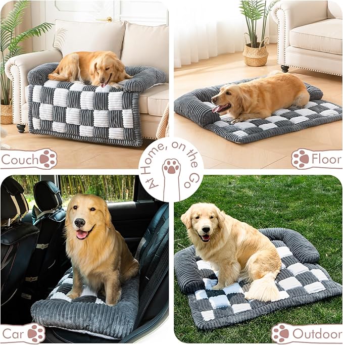 Dog Bed for Couch with Bolster, Comfy Couch Cover for Dogs Washable, Non-Slip Plush Furniture Protector, Calming Fuzzy Lounge Mat, Pet Sofa Accessories (Grey, Large)