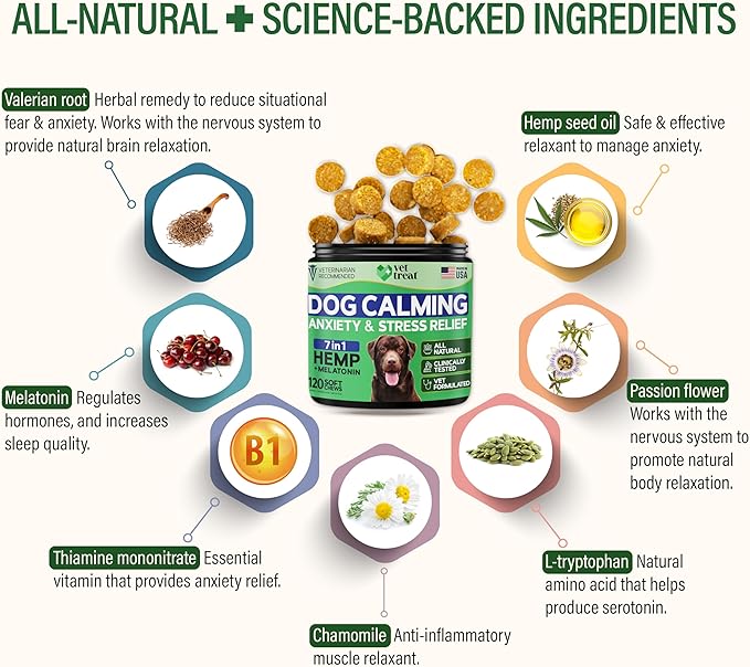 Hemp Calming Chews for Dogs Anxiety -120 Hemp Dog Calming Chews - Anxiety Relief Treats with Melatonin - Advanced Pet Stress Relief, Separation Aid, Barking, Thunder, Fireworks, Travel - Made in USA