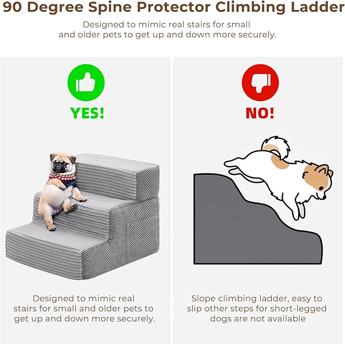 HYLEORY Dog Stairs for Bed 13.5''H, 3-Step Pet Stairs for Small Dogs & Cats, Sturdy Pet Steps with Non-Slip Bottom, Functional Portable Dog Ramp for Couch/Chair/Sofa/Car, Storage Pocket, Light Grey