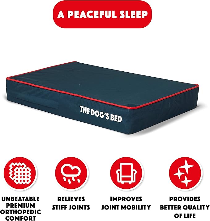 The Dog’s Bed Orthopedic Memory Foam Dog Bed, Small Blue/Red, Pain Relief for Arthritis, Hip & Elbow Dysplasia, Post Surgery, Lameness, Supportive, Waterproof Washable Cover, Veterinary Approved