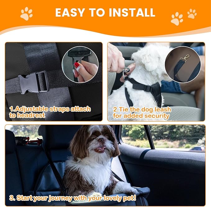 Dog Car Seat for Small Dogs, Large Leather Dog Car Bed with Storage Pocket, Waterproof PVC Leather Booster Seat Travel Bed for Front & Back Seat, Clip-On Safety Leash (Black/Brown)