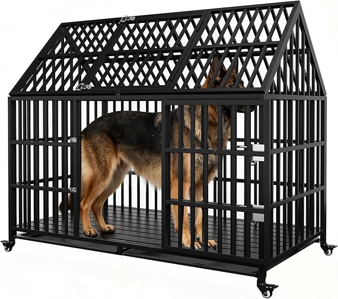 58 inch Heavy Duty Indestructible Dog Crate, New Upgraded Reinforced for Large Dogs,XXL Dog Crate for High Anxiety Dogs/Max Load Capacity 250lbs/Double Door with Wheels