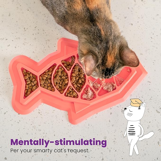 Catstages Fishie Fun Feed Mat – Non-Slip Slow Feeder Mat for Cats with Catnip, Crinkle Sounds & Engaging Play, ½ Cup Food Capacity, Pink