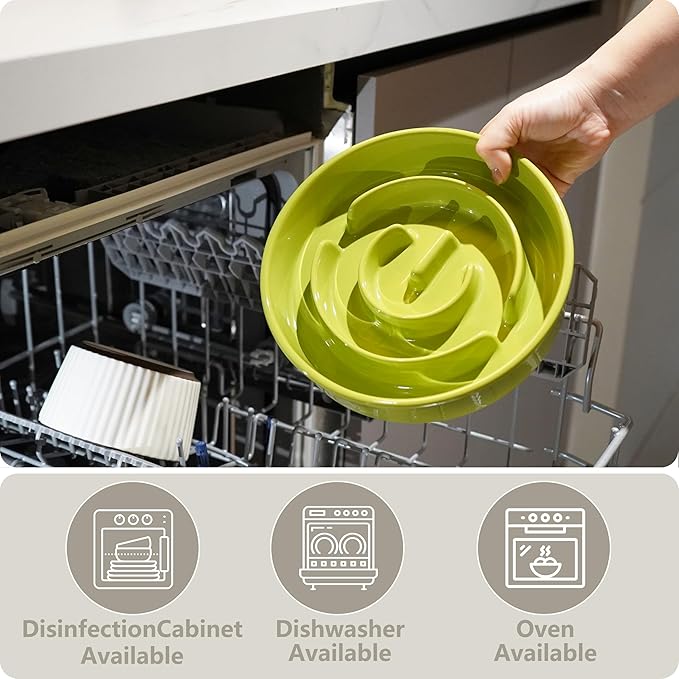 Ceramic Slow Feeder and Water Bowl Set for Medium and Large Dogs, 8.0inch Ceramic Dog Bowls Elevated with Wooden Stand, 2.0 Cups Dog Slow Feeder(30oz) and 70oz Water Bowl Set, Green