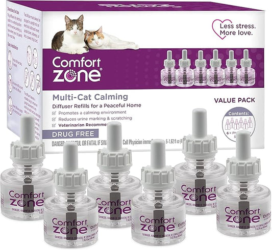 COMFORT ZONE 6 Pack MultiCat Diffuser Refills; Cat Calming Pheromones Help Anxiety; 30-day refills