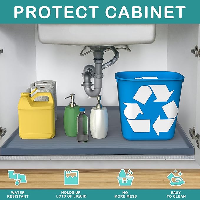 URMONA Waterproof Silicone Under Sink Mat 19'' x 19'' Shelf Liner for Kitchen and Bathroom, Cabinet and Counter Protector, Storage and Organizers, Litter Mat, Pet Cat Puppy Essentials(Navy)