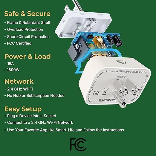 Adarii Smart Plug Google Home, Compatible with Alexa, 15A WiFi Plug, 2.4GHz, Smart Life Plug, Voice Control, Compact Indoor Smart Plug, FCC Certified, Tuya Smart Plug, No Hub Needed, 1 Pack