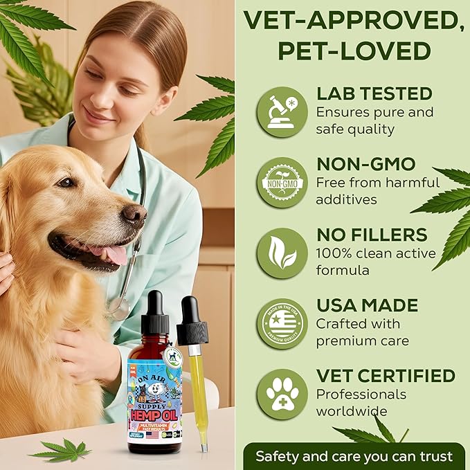 Hemp Oil for Dogs - 2FL/60ML Assists Dogs with Anxiety, Pain, Stress, Sleep, Arthritis, Seizure Relief - Supports Joint Health - Soothing Treats - Made in USA