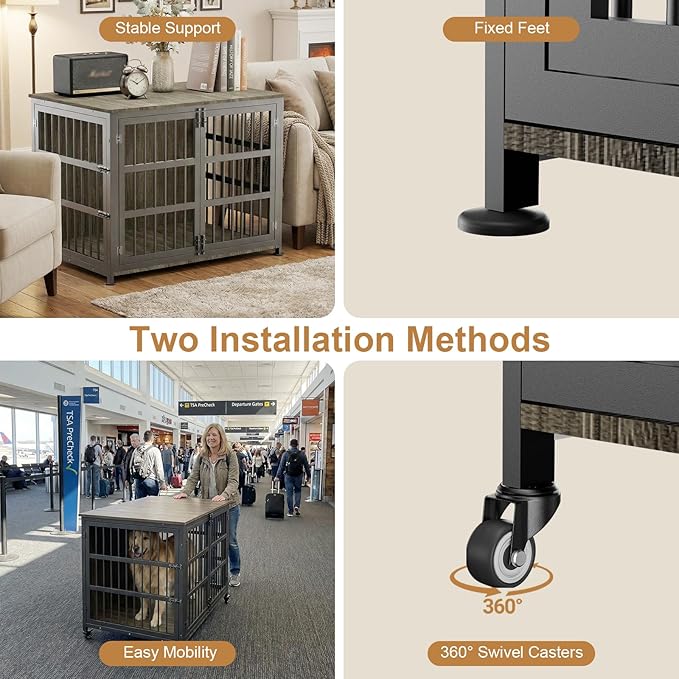 42" Furniture Style Large Dog Crate with Wheels, Metal Chew-Resistant Dog Kennel Indoor for Large & Medium Dogs, 41.9" W x 28.3" D x 31.7" H, Decorate House as TV Stand, End Table — Grey