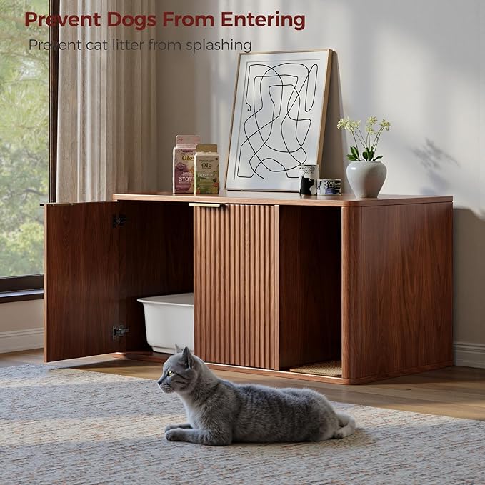 Evermagin 35.4" Walnut Cat Litter Box Enclosure Furniture with Cat Scratch Pad, Large Hidden Litter Box Cabinet, Front Entry Can Install Left/Right, Mid Century Modern Kitty End Table, Kitty Bench