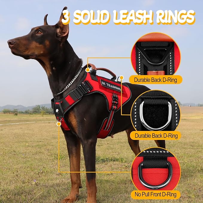 Service Dog Vest - HEYCAHVA Tactical Dog Harness Full Metal Buckles for Large Medium Dog Reflective No Pull Dogs Harnesses Vest with Leather Handle, Hook & Loop for Hiking Training (Red, L)