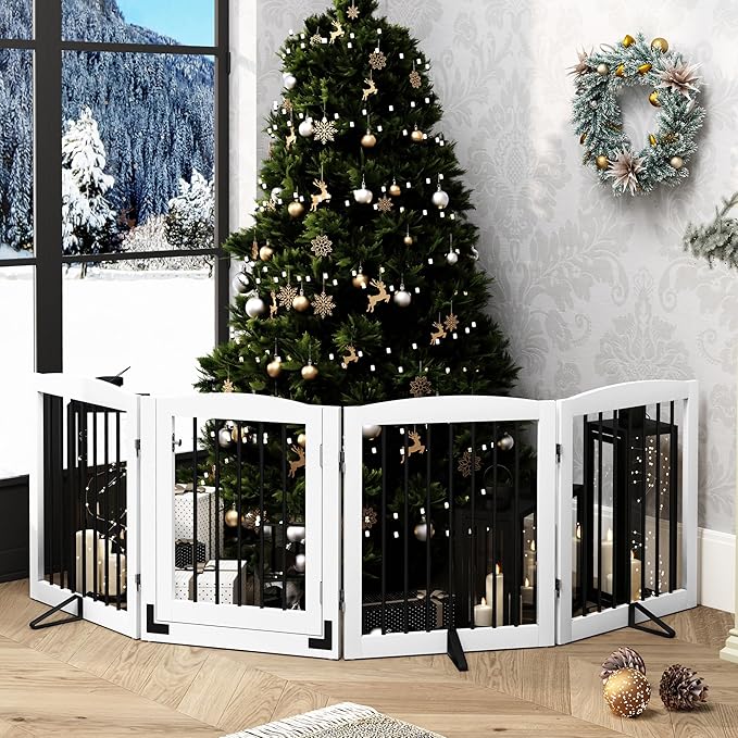 Freestanding Dog Gate with Door, Pet Gate for Stairs, 80 inch Wide Pet Barrier Indoor, Dog Fences Indoor, Support Feet Included, 4 Panels, 24" Tall, White & Black
