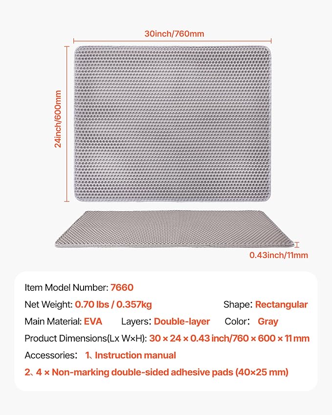VEVOR Cat Litter Mat, 30 x 24 in, Double-Layer Litter Box Mat, Non-Slip & Urine-Proof Litter-Trapping Mats for Indoor Cats, Honeycomb Design, Soft on Paws, Washable Large Kitty Mats for Floor