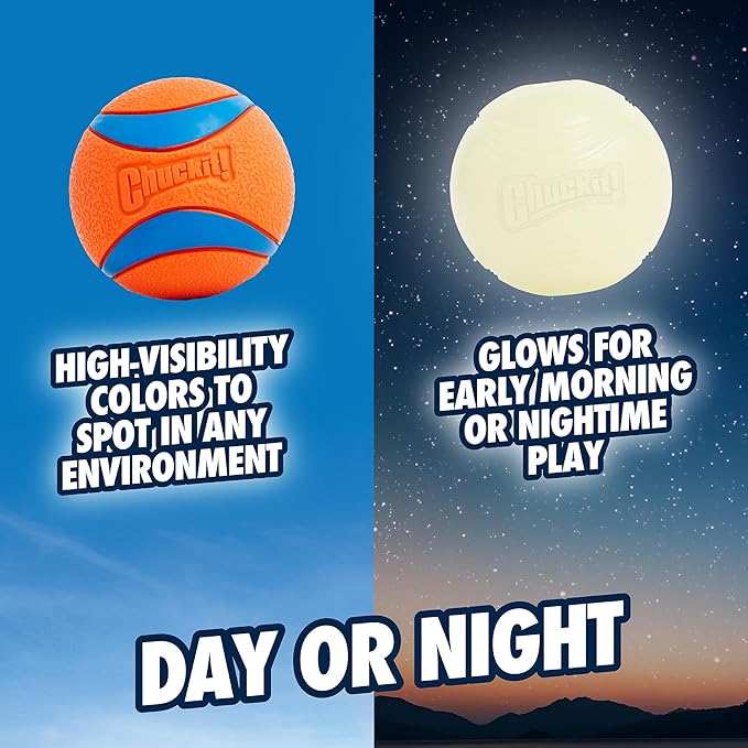 Chuckit! Ultra Ball Dog Toys - Size Large - for Dogs 60-100 lbs - Made from Durable Rubber - Super Bouncy - Day & Night Bundle - Floats in Water - 3-inch Diameter - Pack of 2