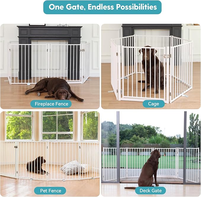 No Pawblems Free Standing Dog Gate with Door, 30'' Tall Foldable Dog Fence for Indoor & Outdoor, Up to 78 Inch Extra Wide Puppy Gate for Stairs, Hallways, Doorways, Deck, Yard (White, 3 Panels)