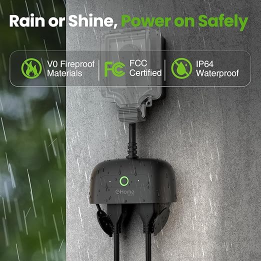 GHome Smart Outdoor Plug Wi-Fi Outlet, Dual Individual Sockets Smart Plug with IP64 Waterproof, Works with Alexa Google Assistant & SmartThings, No Hub Needed for Smart Home Control, 2.4G WiFi Only