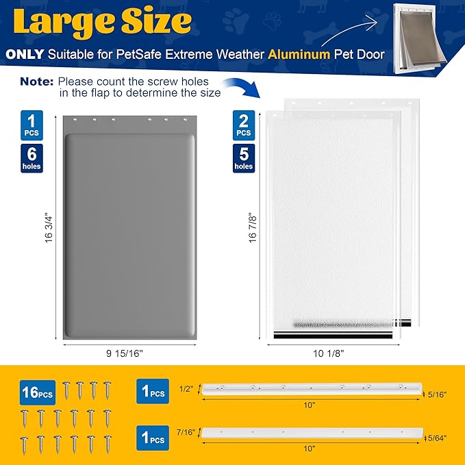 3-Flap Large Dog Door Replacement Insulated Flap with Clamp, Back Plate and Screws, Compatible with Large PetSafe Extreme Weather Aluminum Pet Door, PAC11-11039 10 1/8" X 16 7/8" (Frosted Transparent)