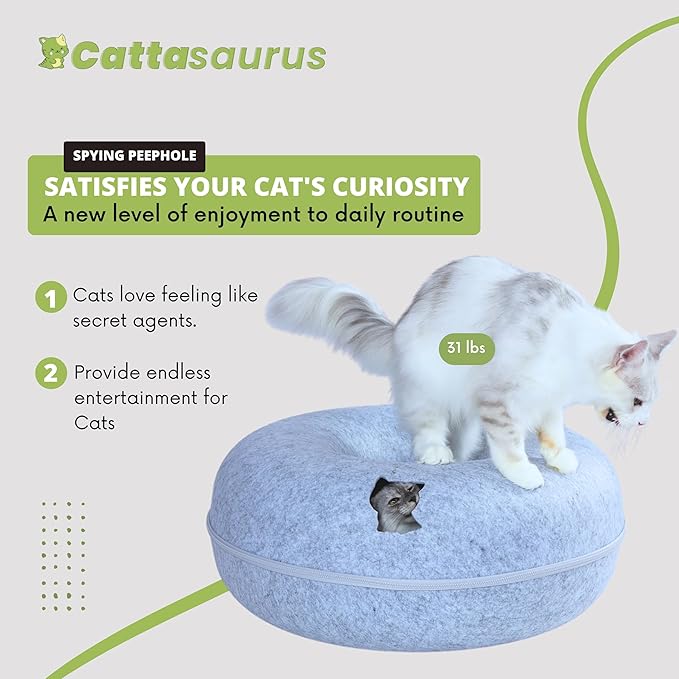 Cattasaurus Peekaboo Cat Cave Donut for Multiple & Large Cats up to 30-45 lbs, 3-in-1 Self Warming Cat Bed, Tunnel & Scratcher for Indoor Cats, Washable & Detachable Small Dog Bed (Light Gray, Jumbo)