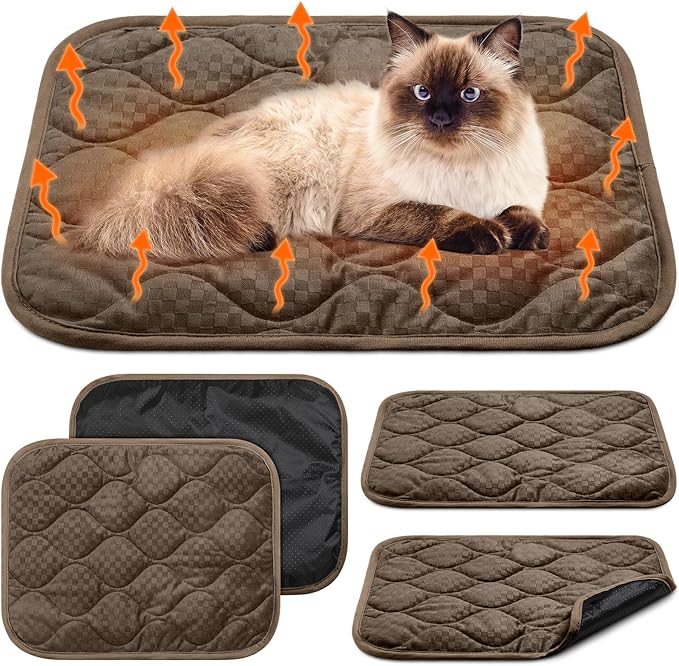 4 Pack Self Warming Cat Mat Self Heating Cat Pad Warm Thermal Pet Bed Washable Dog Crate Pad Body Heat Dog Bed Mat Blanket Non Slip Bottom for Outdoor Indoor Pets (Coffee,16 x 20 Inch)