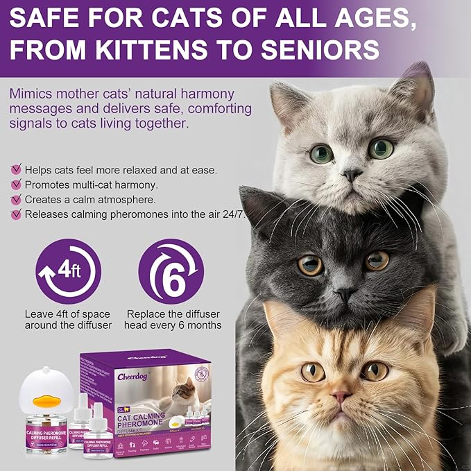 Cheerdog Cat Pheromones Calming Diffuser Relieve Anxiety Stress Cat Calming Diffuser Comfort for Cats 3 Refills, Reduce Fighting and Scratching Calm Relaxing Fits All Cats (3)