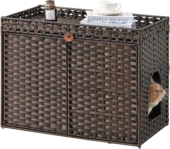 Cat Litter Box Enclosure Furniture, Handwoven Rattan Hidden Litter Box with Mat, Large Space Cat House with 2 S-Shaped Hooks, 30.3 x 18.3 x 24.4 Inches, Indoor for Living Room Apartment Brown